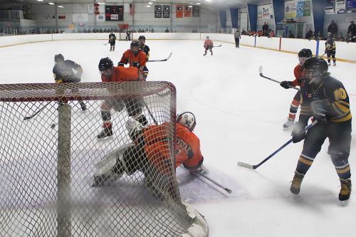 The play of Flyers goalie Severing Steele was a huge factor, keeping the team momentum going in the crucial second period of Sunday afternoon’s 4-1 win. Photo/Craig Bakay